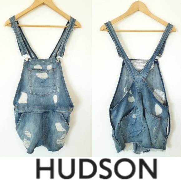 Hudson Jeans Florence Shortall Overalls Shorts Southpaw Boho Casual Distressed - Picture 2 of 13